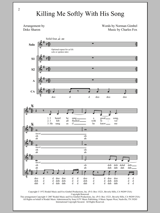 Roberta Flack Killing Me Softly With His Song (arr. Deke Sharon) sheet music notes and chords arranged for SSA Choir