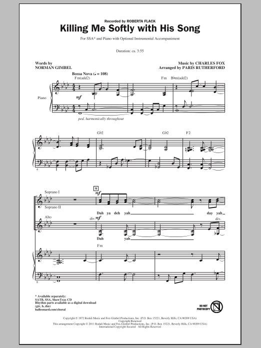 Roberta Flack Killing Me Softly With His Song (arr. Paris Rutherford) sheet music notes and chords arranged for SATB Choir