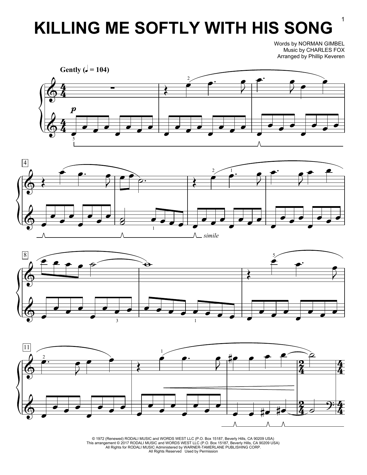 Roberta Flack Killing Me Softly With His Song [Classical version] (arr. Phillip Keveren) sheet music notes and chords arranged for Easy Piano