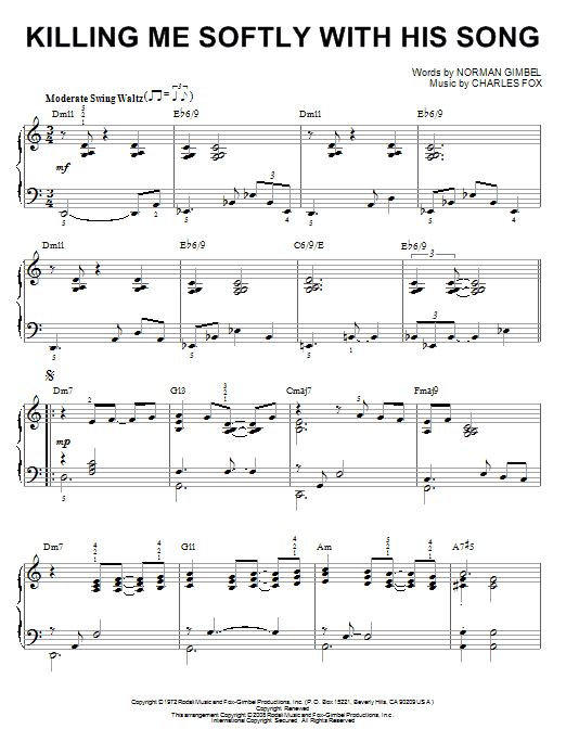 Roberta Flack Killing Me Softly With His Song [Jazz version] (arr. Brent Edstrom) sheet music notes and chords arranged for Piano Solo
