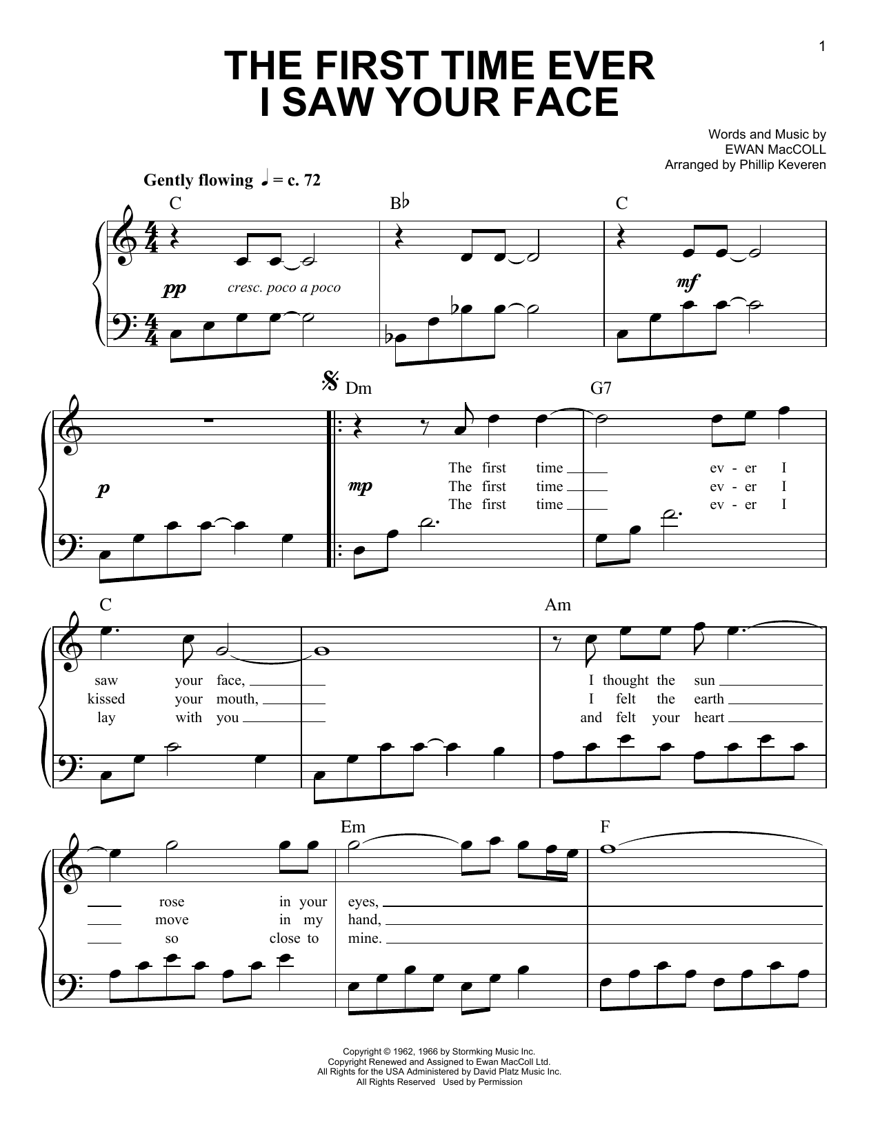 Roberta Flack The First Time Ever I Saw Your Face (arr. Phillip Keveren) sheet music notes and chords arranged for Easy Piano