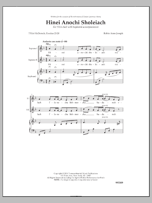 Robin Anne Joseph Hinei Anochi Sholei'ach sheet music notes and chords arranged for SSA Choir