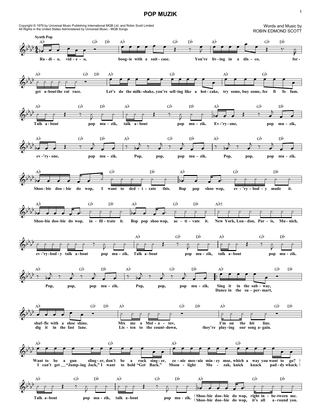 Robin Edmond Scott Pop Muzik sheet music notes and chords arranged for Lead Sheet / Fake Book