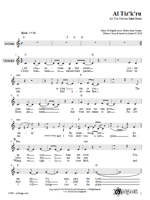 Robin Joseph Al Tiz'k'ru sheet music notes and chords arranged for Lead Sheet / Fake Book