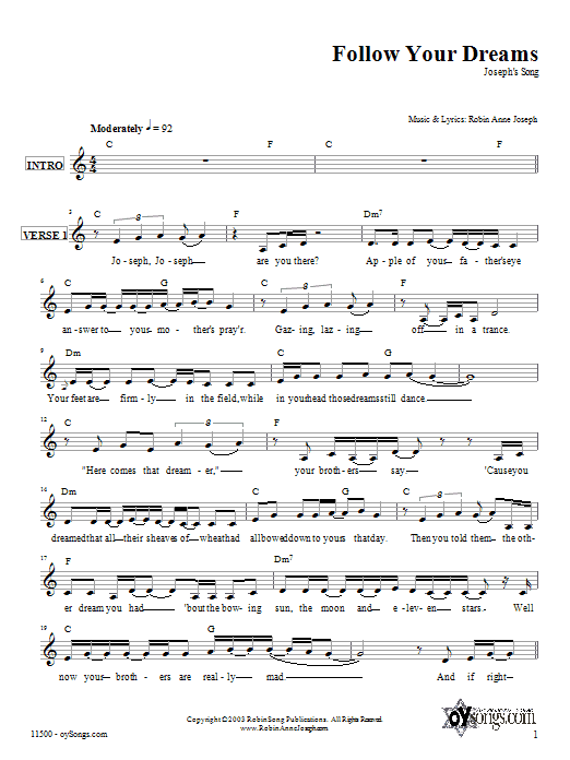 Robin Joseph Follow Your Dreams (Joseph's Song) sheet music notes and chords arranged for Lead Sheet / Fake Book