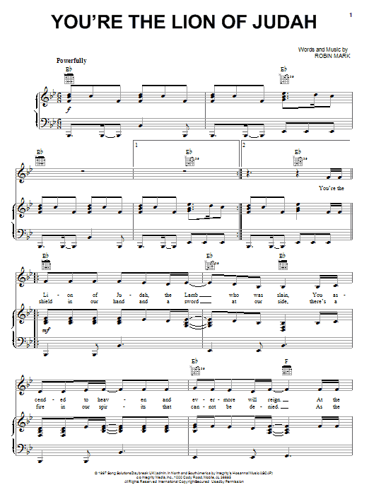 Robin Mark You're The Lion Of Judah sheet music notes and chords arranged for Piano, Vocal & Guitar Chords (Right-Hand Melody)