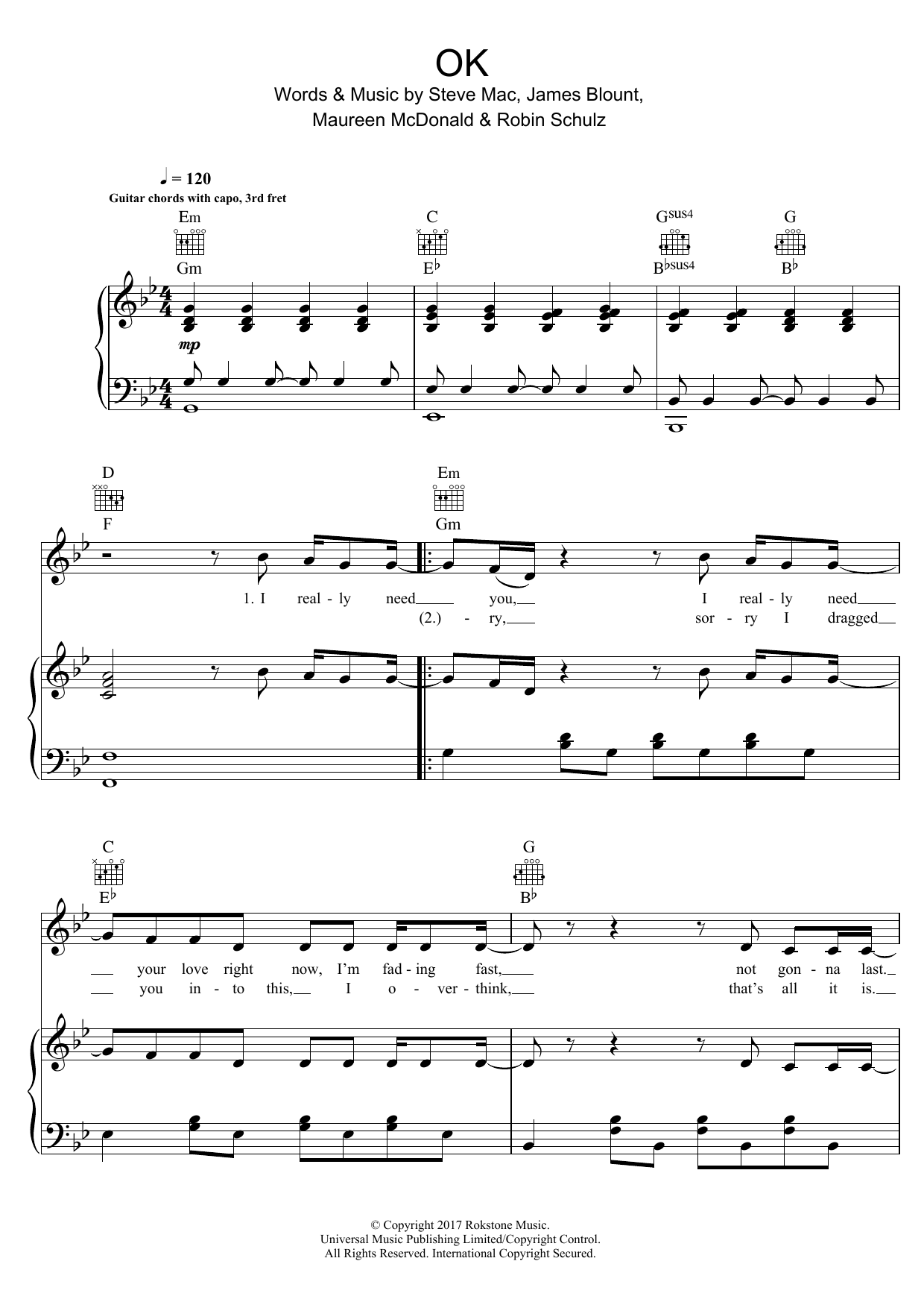Robin Schulz OK (featuring James Blunt) sheet music notes and chords arranged for Piano, Vocal & Guitar Chords