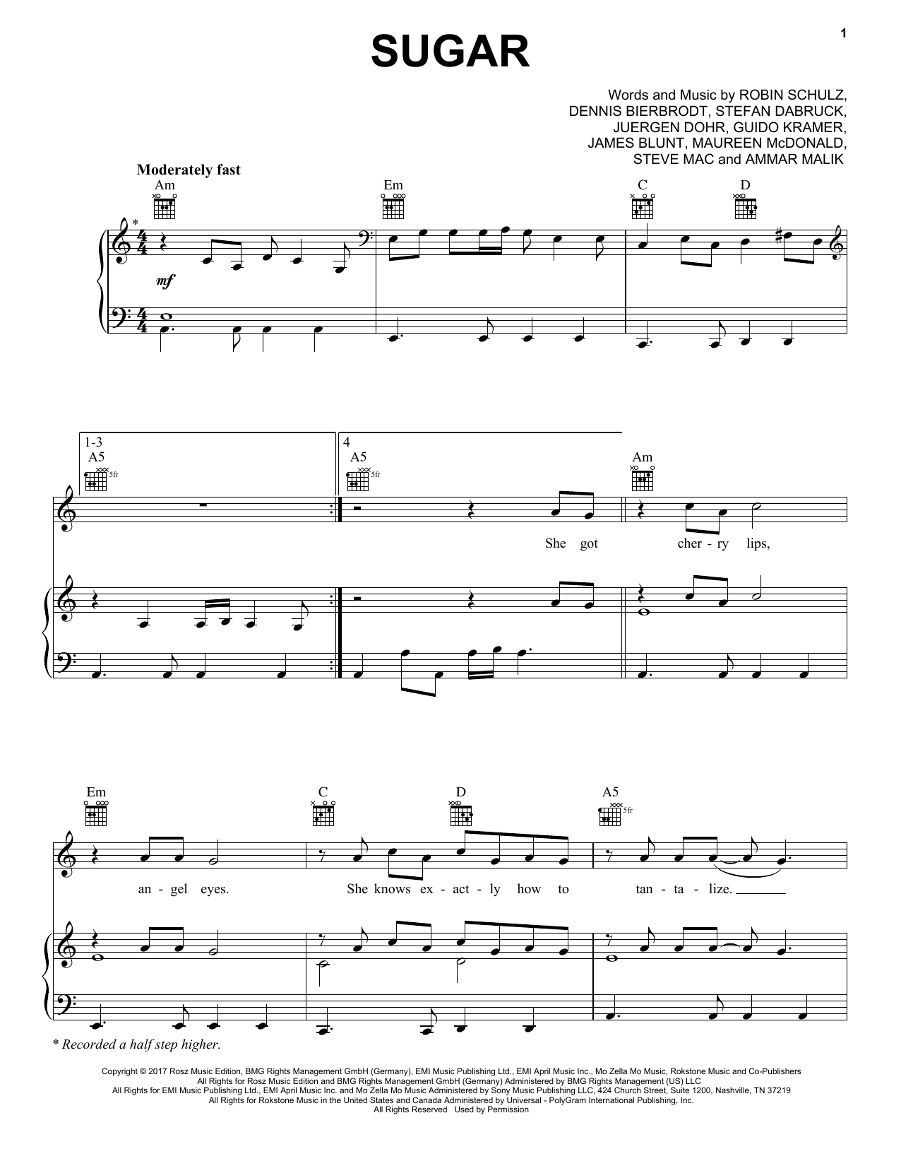 Robin Schulz Sugar (feat. Francesco Yates) sheet music notes and chords arranged for Piano, Vocal & Guitar Chords (Right-Hand Melody)