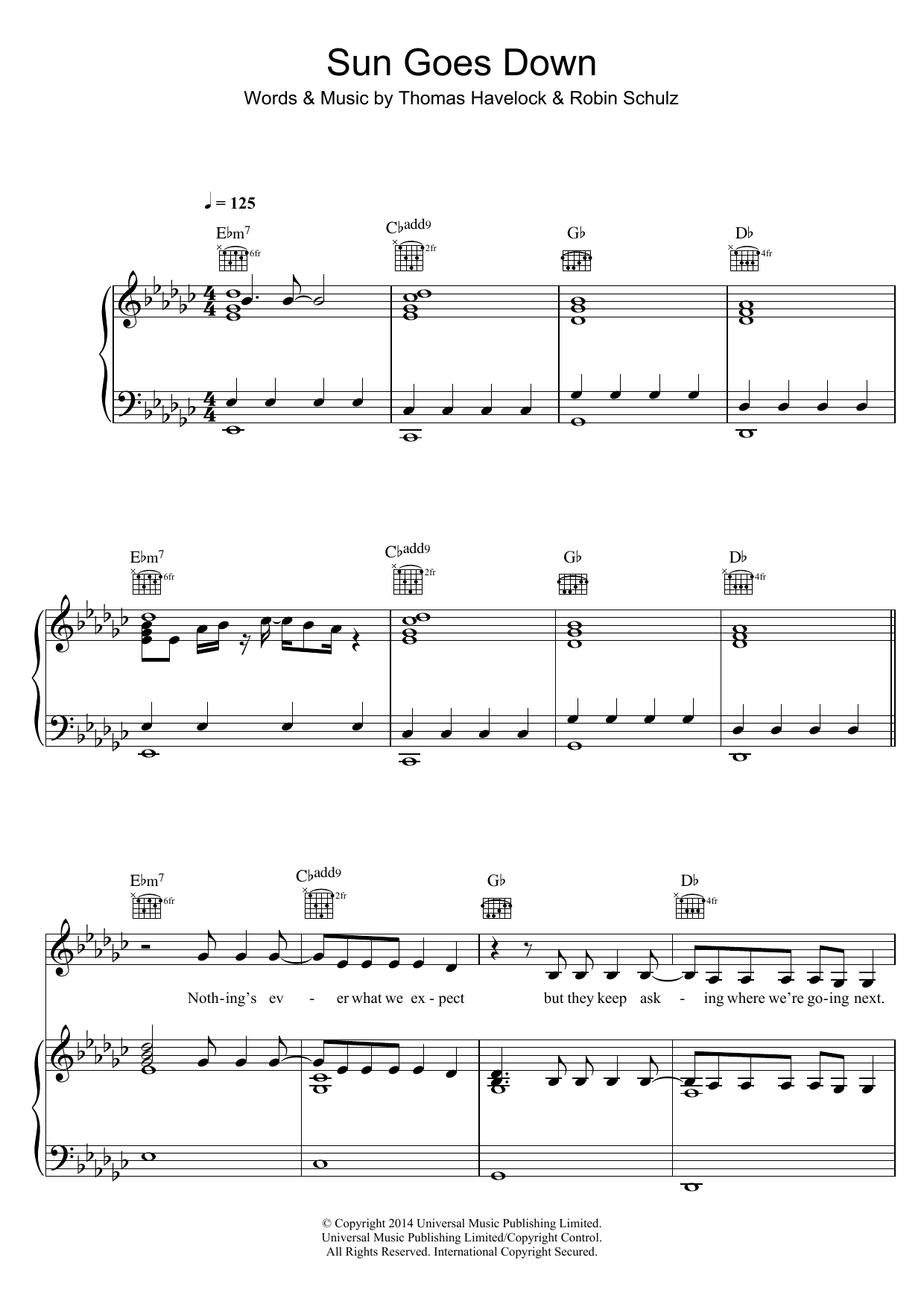 Robin Schulz Sun Goes Down (feat. Jasmine Thompson) sheet music notes and chords arranged for Piano, Vocal & Guitar Chords