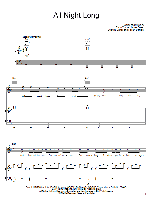 Robin Thicke All Night Long sheet music notes and chords arranged for Piano, Vocal & Guitar Chords (Right-Hand Melody)