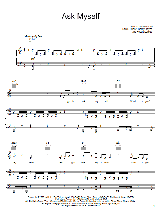 Robin Thicke Ask Myself sheet music notes and chords arranged for Piano, Vocal & Guitar Chords (Right-Hand Melody)