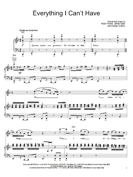 Robin Thicke Everything I Can't Have sheet music notes and chords arranged for Piano, Vocal & Guitar Chords (Right-Hand Melody)