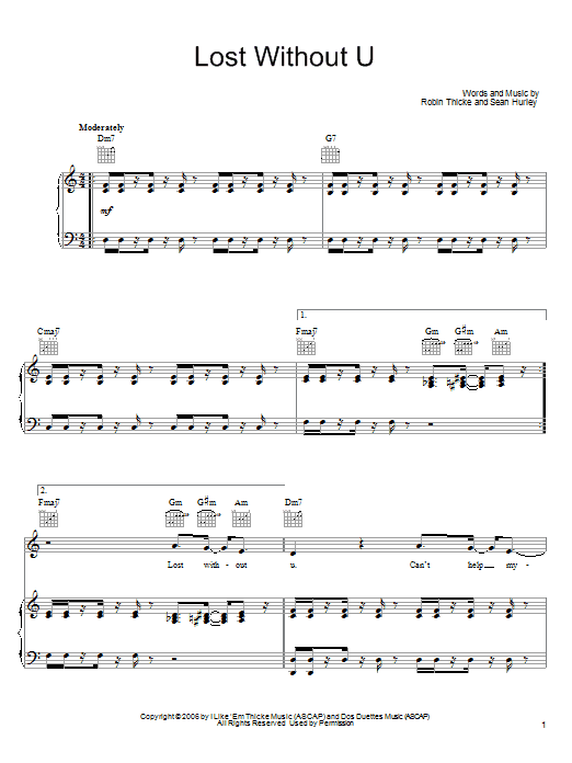 Robin Thicke Lost Without U sheet music notes and chords arranged for Guitar Chords/Lyrics