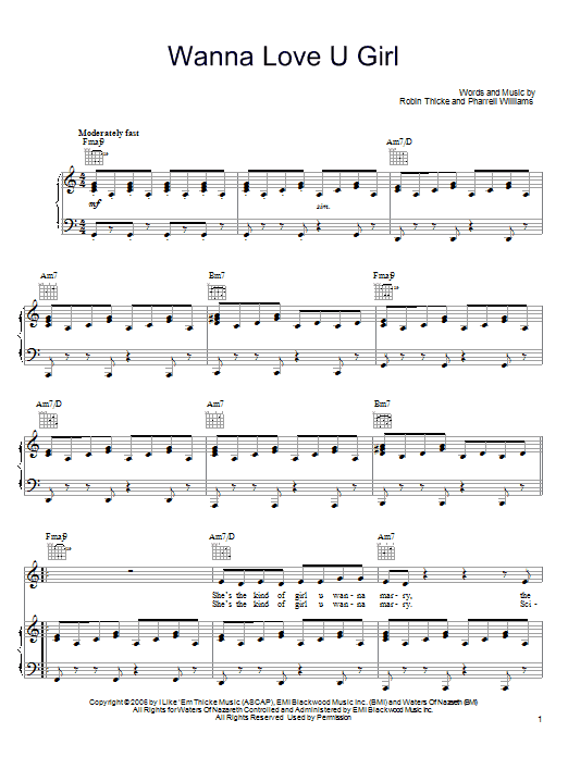 Robin Thicke Wanna Love U Girl sheet music notes and chords arranged for Piano, Vocal & Guitar Chords (Right-Hand Melody)