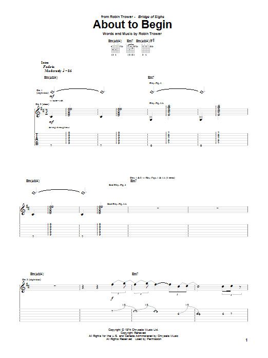 Robin Trower About To Begin sheet music notes and chords arranged for Guitar Tab