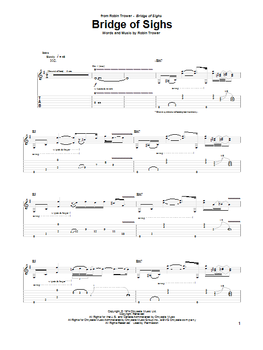 Robin Trower Bridge Of Sighs sheet music notes and chords arranged for Guitar Tab