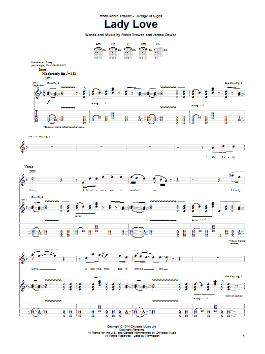 Robin Trower Lady Love sheet music notes and chords arranged for Guitar Tab