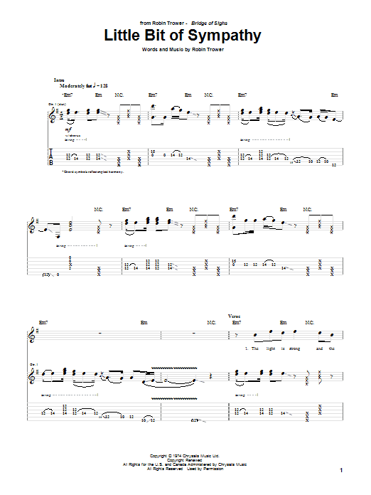 Robin Trower Little Bit Of Sympathy sheet music notes and chords arranged for Guitar Tab