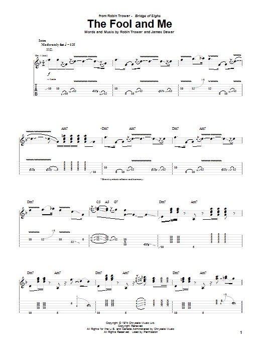 Robin Trower The Fool And Me sheet music notes and chords arranged for Guitar Tab