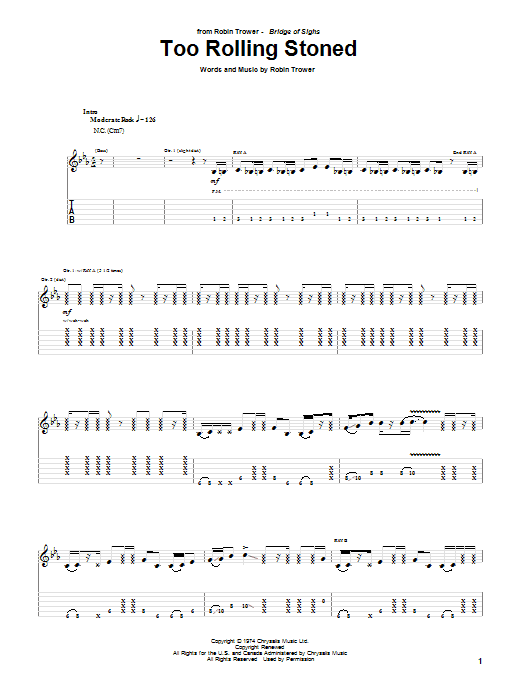 Robin Trower Too Rolling Stoned sheet music notes and chords arranged for Guitar Tab (Single Guitar)