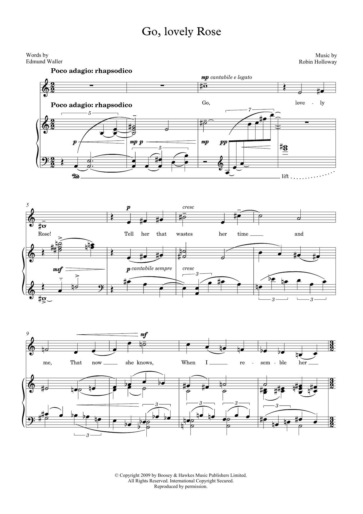 Robin Holloway Go, lovely Rose (for mezzo-soprano and piano) sheet music notes and chords arranged for Piano & Vocal
