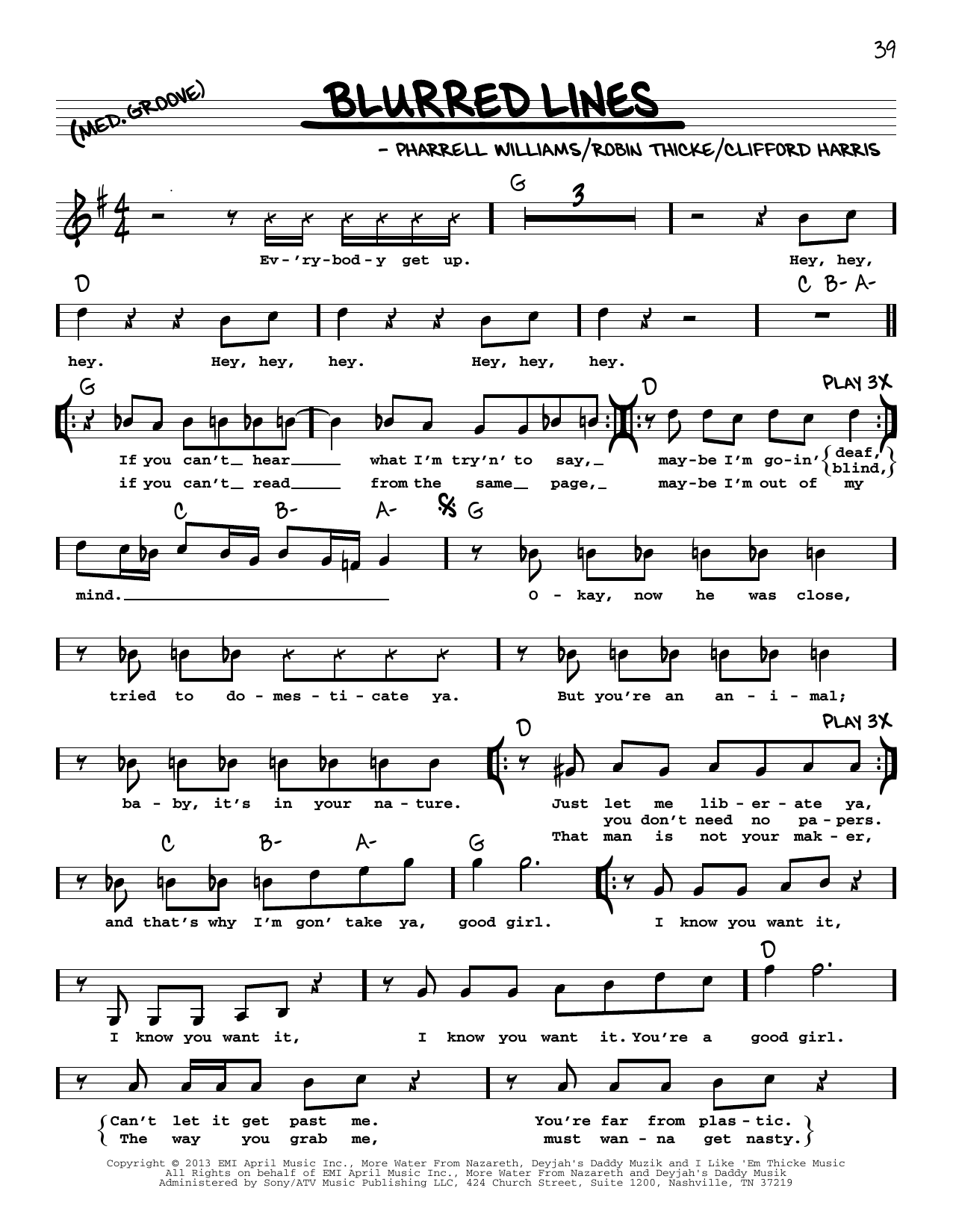 Robin Thicke Blurred Lines sheet music notes and chords arranged for Real Book – Melody, Lyrics & Chords