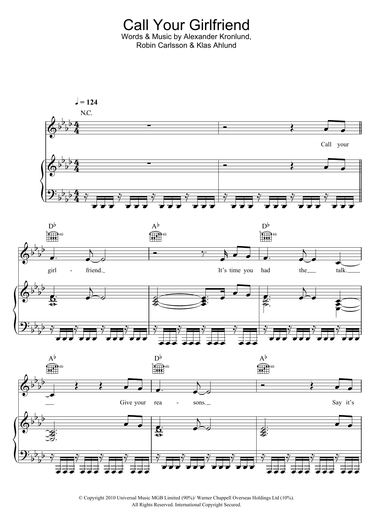 Robyn Call Your Girlfriend sheet music notes and chords arranged for Piano, Vocal & Guitar Chords