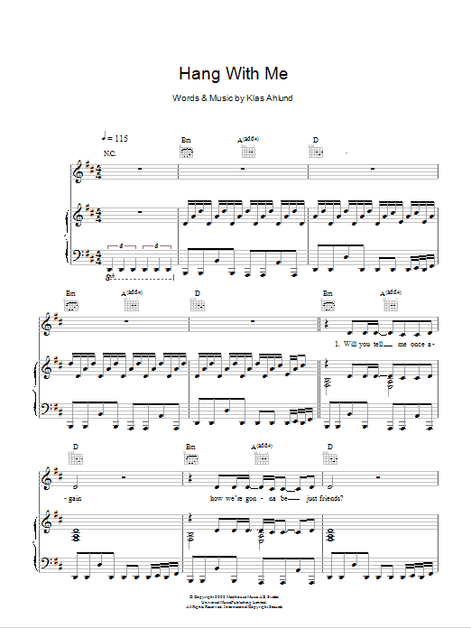 Robyn Hang With Me sheet music notes and chords arranged for Piano, Vocal & Guitar Chords