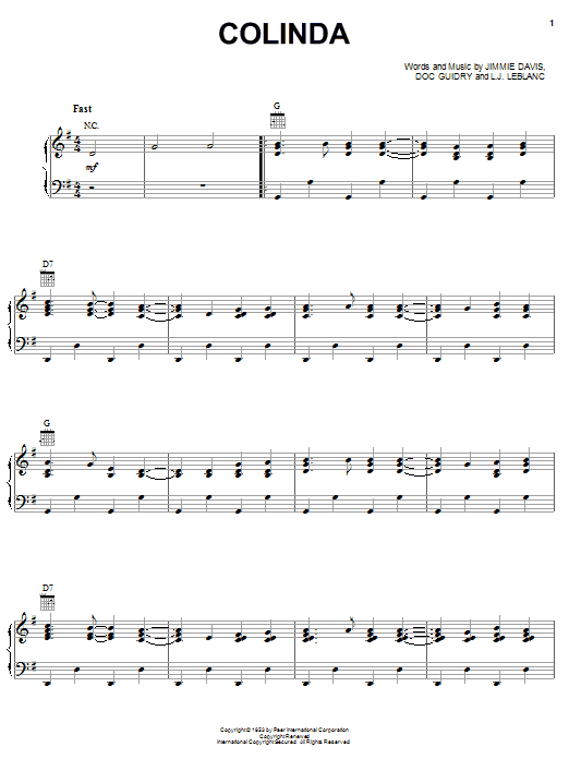 Rockin' Dopsie & The Cajun Twisters Colinda sheet music notes and chords arranged for Piano, Vocal & Guitar Chords (Right-Hand Melody)