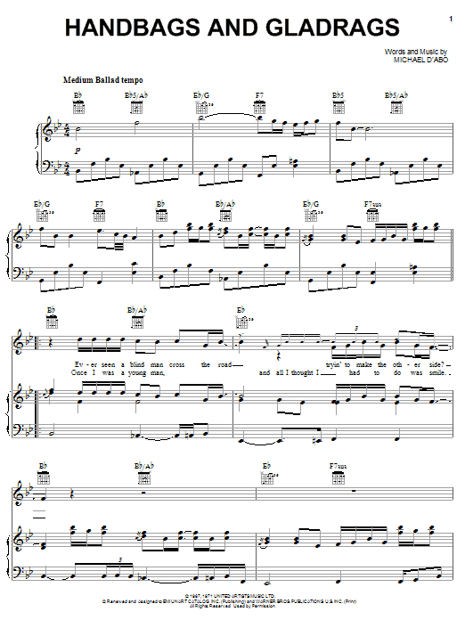 Rod Stewart Handbags And Gladrags sheet music notes and chords arranged for Piano, Vocal & Guitar Chords (Right-Hand Melody)