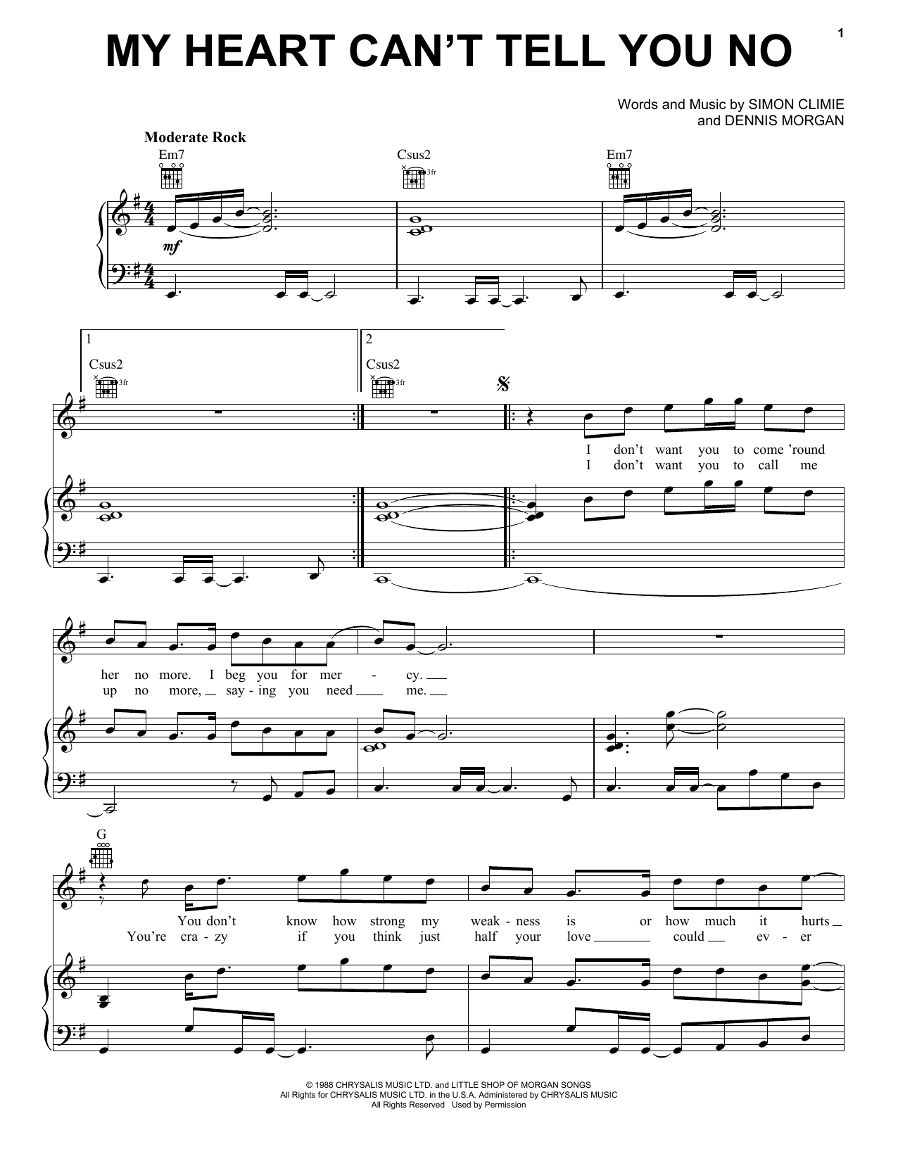 Rod Stewart My Heart Can't Tell You No sheet music notes and chords arranged for Piano, Vocal & Guitar Chords (Right-Hand Melody)