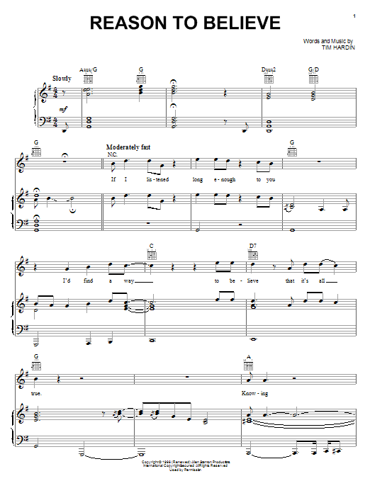 Rod Stewart Reason To Believe sheet music notes and chords arranged for Piano, Vocal & Guitar Chords (Right-Hand Melody)