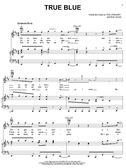 Rod Stewart True Blue sheet music notes and chords arranged for Piano, Vocal & Guitar Chords (Right-Hand Melody)