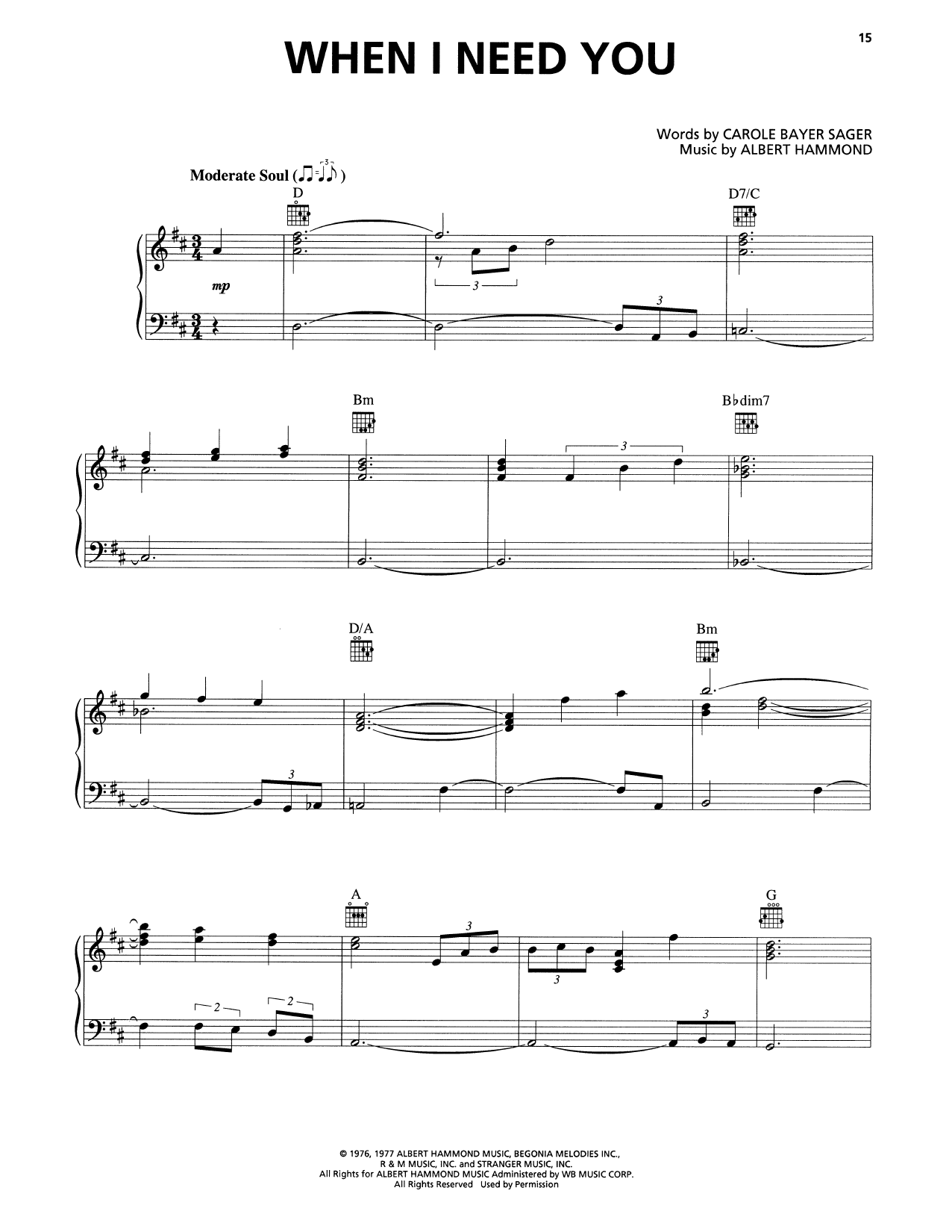 Rod Stewart When I Need You sheet music notes and chords arranged for Piano, Vocal & Guitar Chords (Right-Hand Melody)
