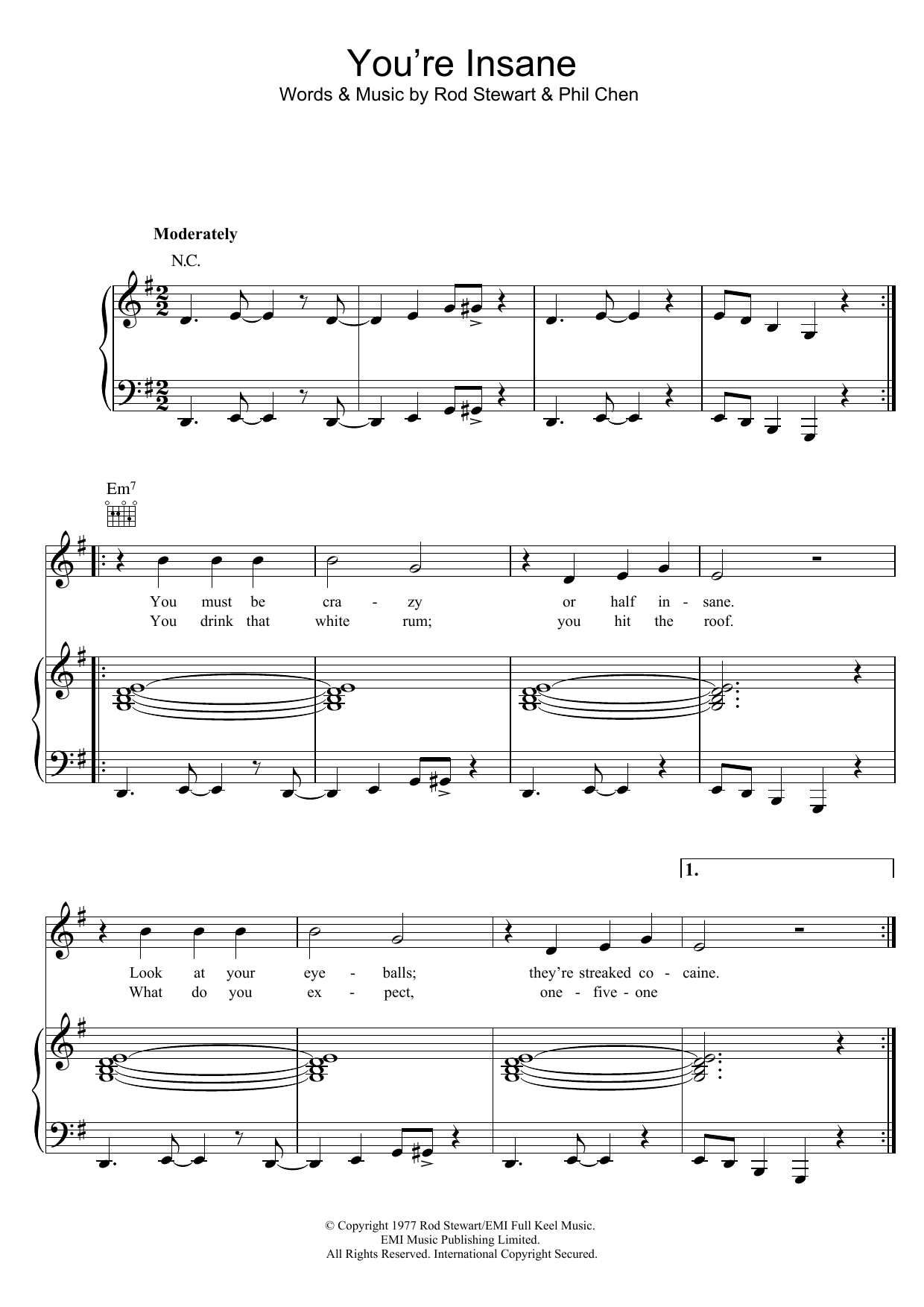 Rod Stewart You're Insane sheet music notes and chords arranged for Piano, Vocal & Guitar Chords