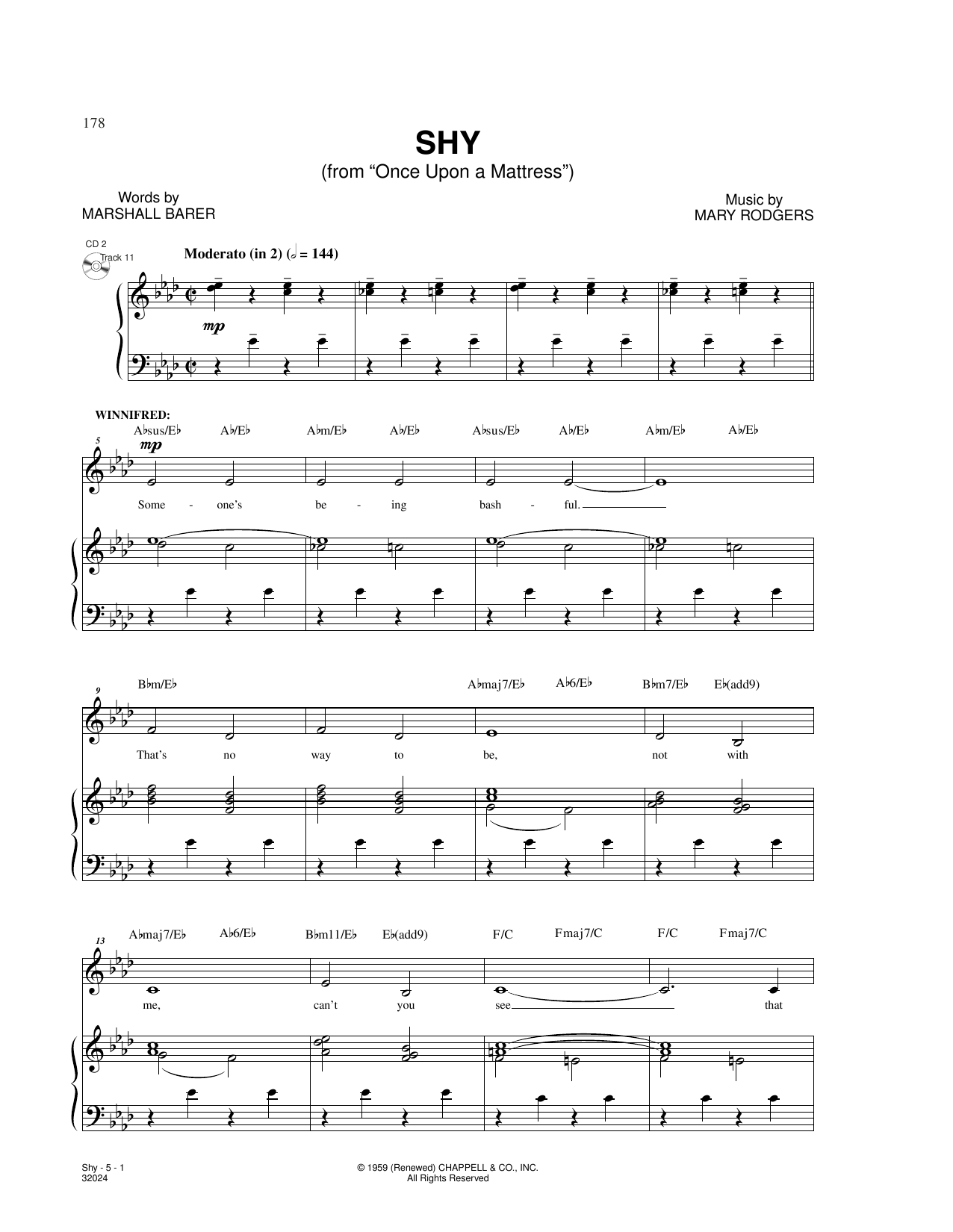Rodgers & Barer Shy (from Once Upon A Mattress) sheet music notes and chords arranged for Piano & Vocal