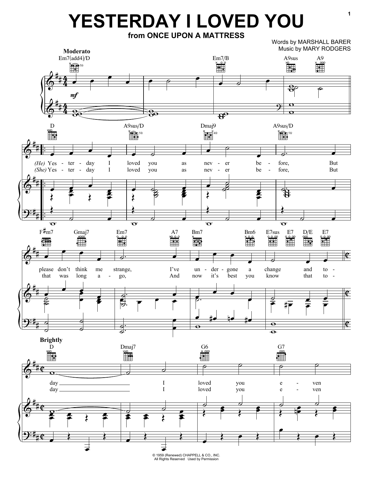 Rodgers & Barer Yesterday I Loved You sheet music notes and chords arranged for Piano, Vocal & Guitar Chords (Right-Hand Melody)