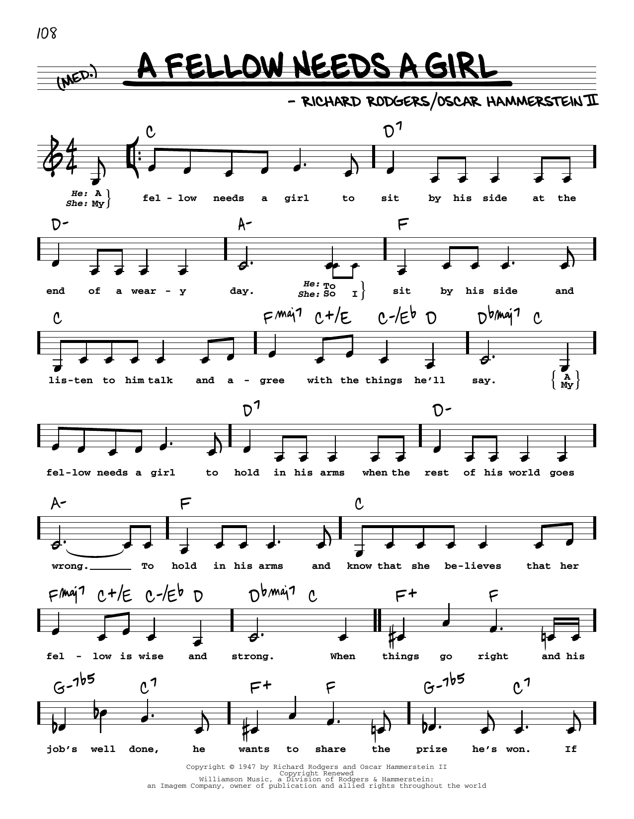 Rodgers & Hammerstein A Fellow Needs A Girl (from Allegro) (Low Voice) sheet music notes and chords arranged for Real Book – Melody, Lyrics & Chords