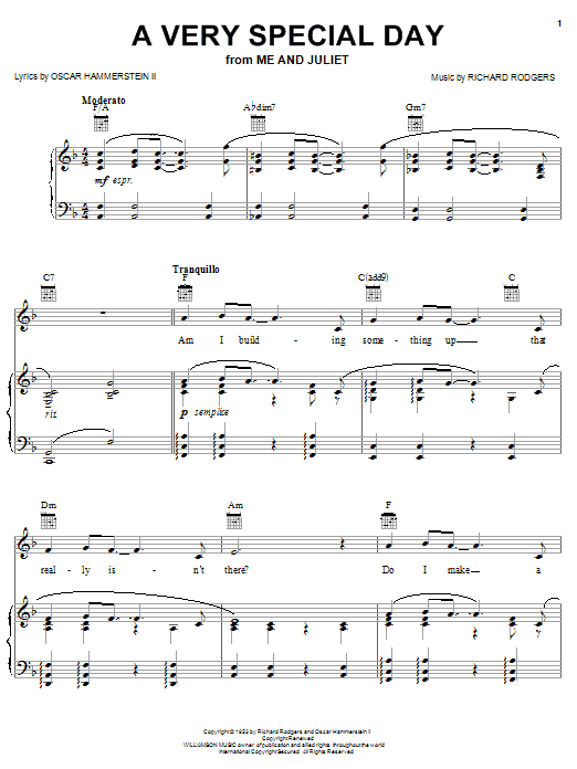 Rodgers & Hammerstein A Very Special Day sheet music notes and chords arranged for Piano, Vocal & Guitar Chords (Right-Hand Melody)