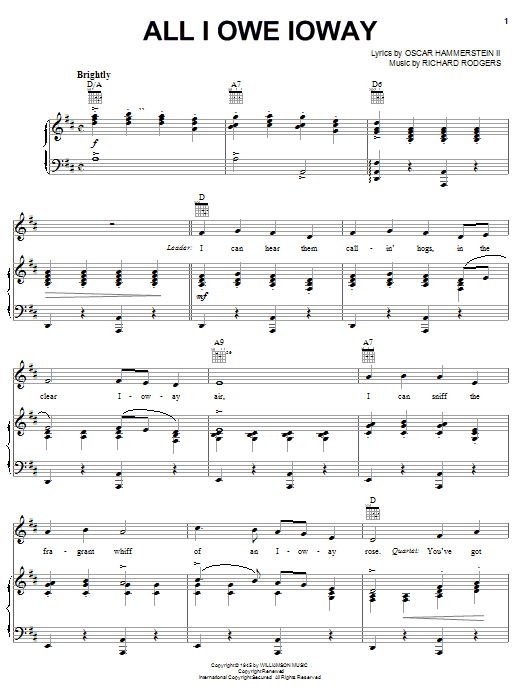 Rodgers & Hammerstein All I Owe Ioway sheet music notes and chords arranged for Piano, Vocal & Guitar Chords (Right-Hand Melody)