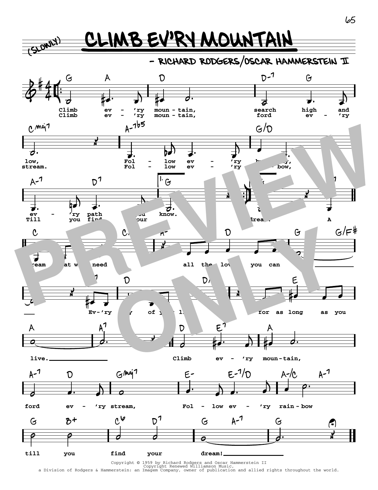 Rodgers & Hammerstein Climb Ev'ry Mountain (from The Sound Of Music) (Low Voice) sheet music notes and chords arranged for Real Book – Melody, Lyrics & Chords