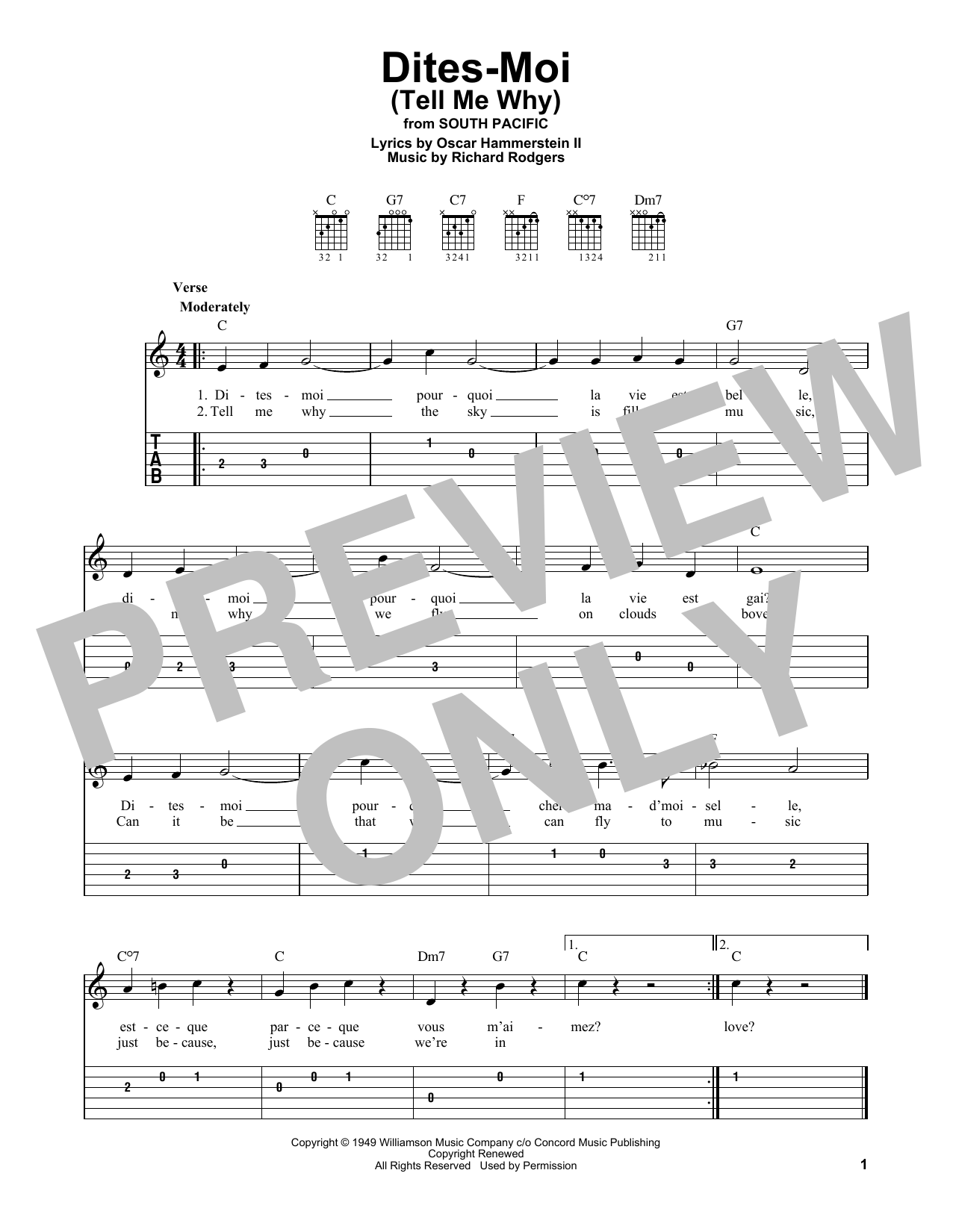 Rodgers & Hammerstein Dites-Moi (Tell Me Why) (from South Pacific) sheet music notes and chords arranged for Easy Guitar Tab