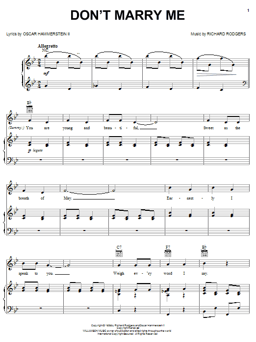 Rodgers & Hammerstein Don't Marry Me sheet music notes and chords arranged for Piano, Vocal & Guitar Chords (Right-Hand Melody)