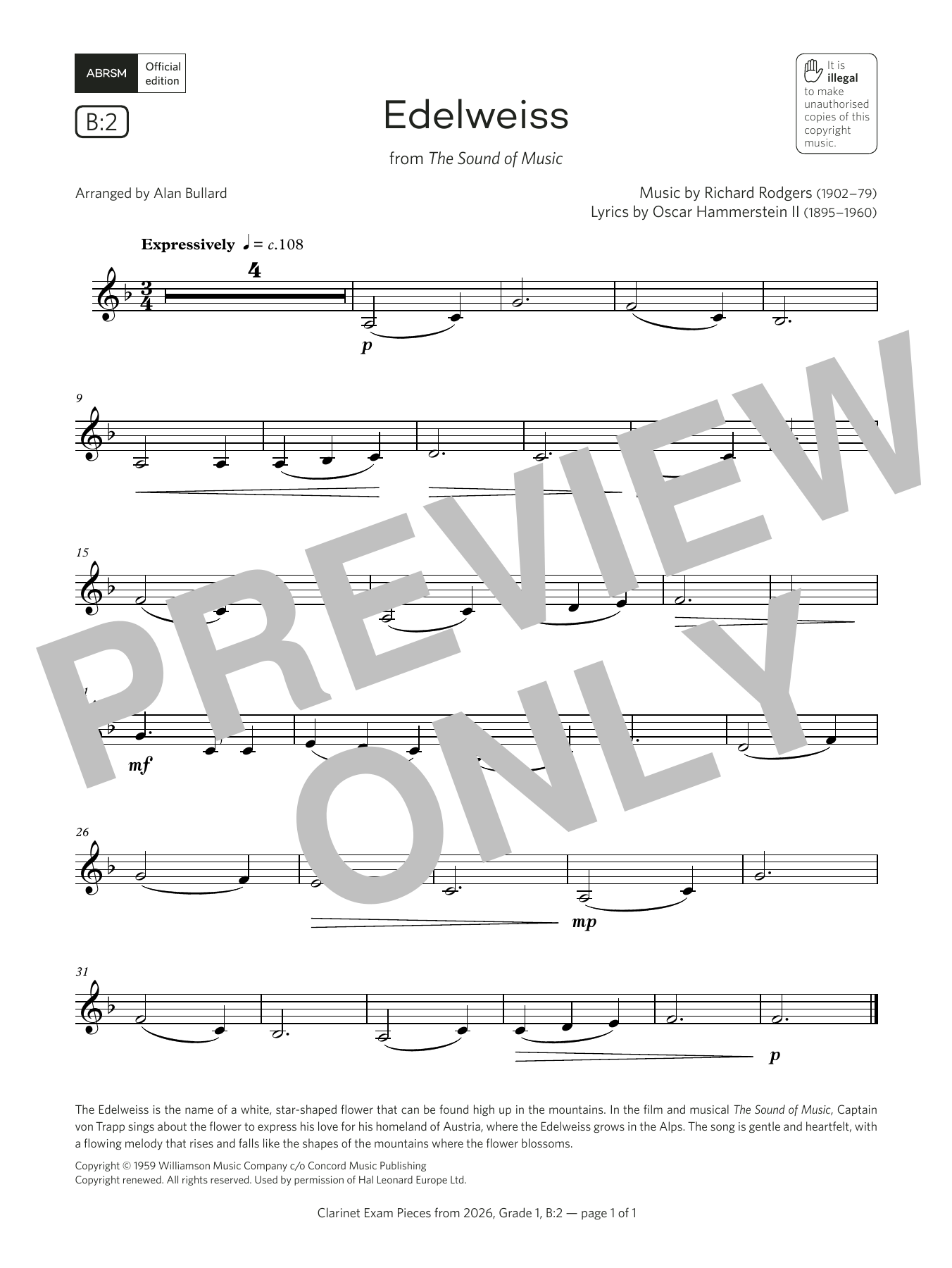 Rodgers & Hammerstein Edelweiss (Grade 1, list B2, from the ABRSM Clarinet Syllabus from 2026) sheet music notes and chords arranged for Clarinet Solo