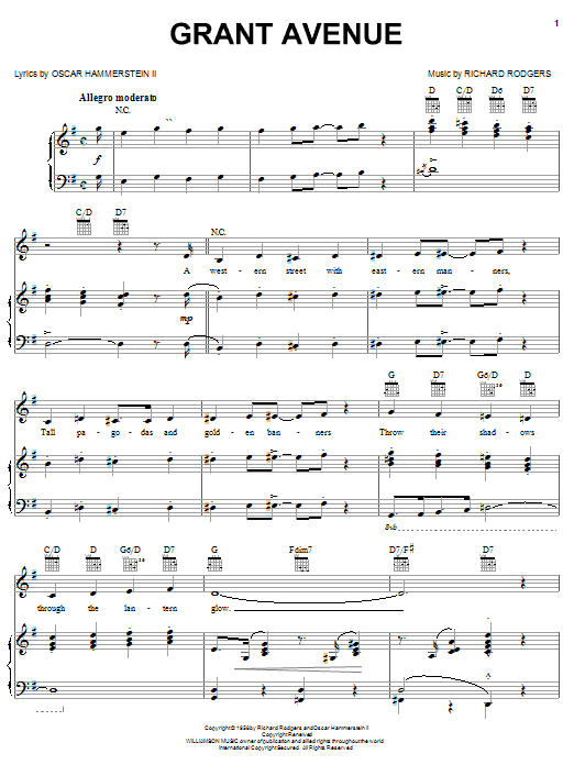 Rodgers & Hammerstein Grant Avenue sheet music notes and chords arranged for Piano, Vocal & Guitar Chords (Right-Hand Melody)