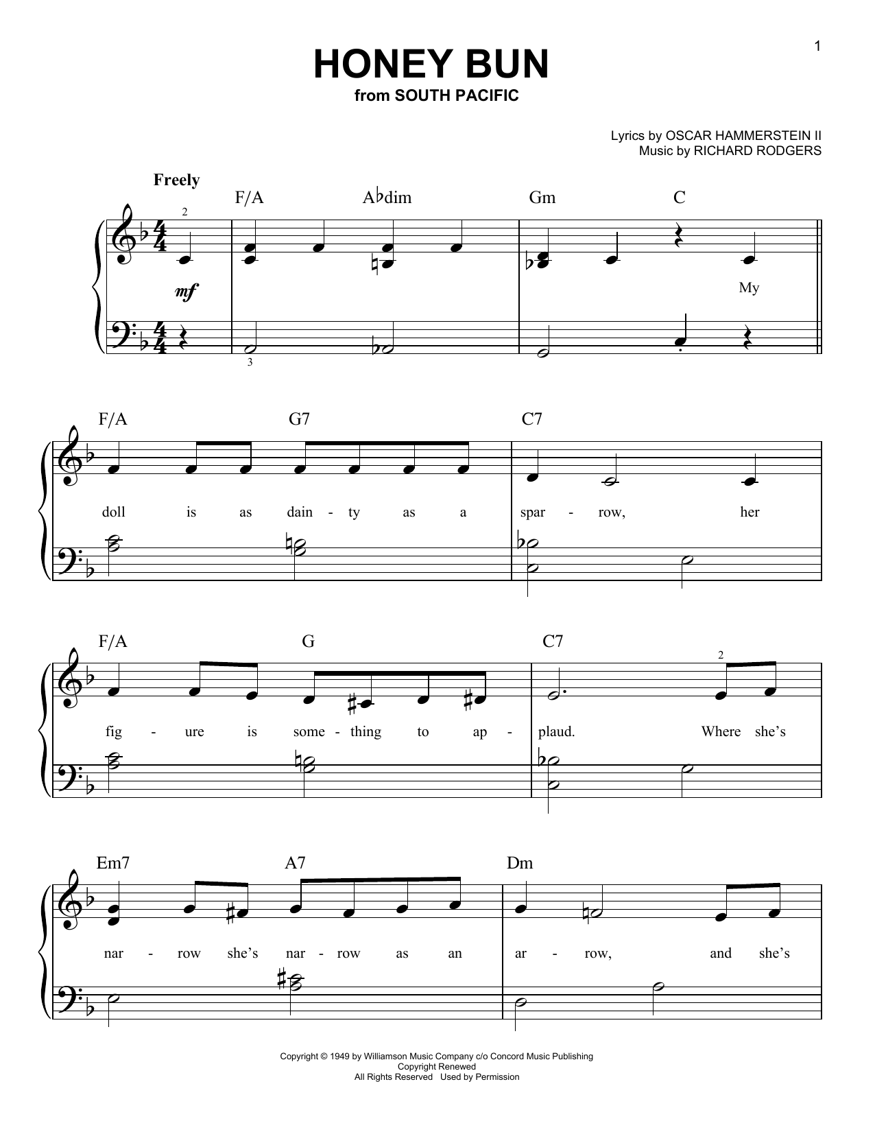 Rodgers & Hammerstein Honey Bun (from South Pacific) sheet music notes and chords arranged for Very Easy Piano