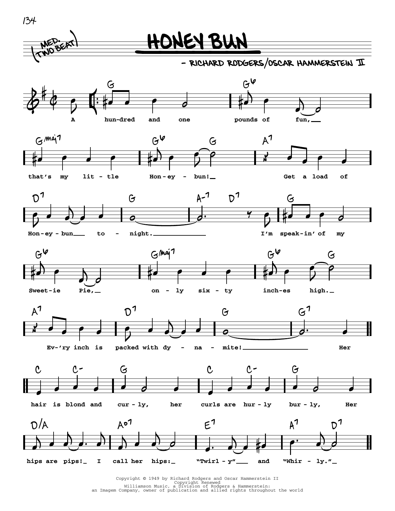 Rodgers & Hammerstein Honey Bun (High Voice) sheet music notes and chords arranged for Real Book – Melody, Lyrics & Chords