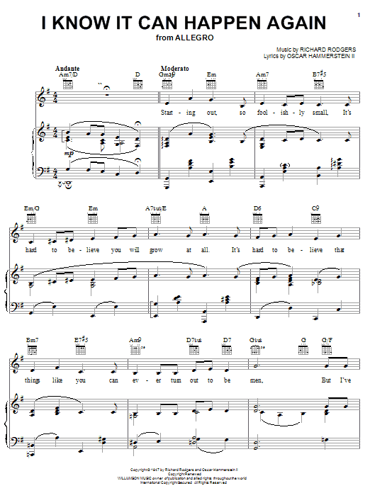Rodgers & Hammerstein I Know It Can Happen Again sheet music notes and chords arranged for Piano, Vocal & Guitar Chords (Right-Hand Melody)