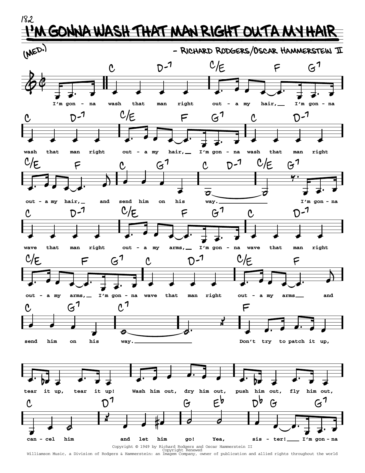 Rodgers & Hammerstein I'm Gonna Wash That Man Right Outa My Hair (Low Voice) sheet music notes and chords arranged for Real Book – Melody, Lyrics & Chords
