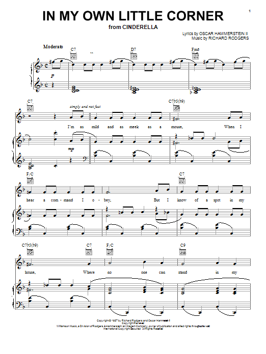 Rodgers & Hammerstein In My Own Little Corner (from Cinderella) sheet music notes and chords arranged for Piano, Vocal & Guitar Chords (Right-Hand Melody)